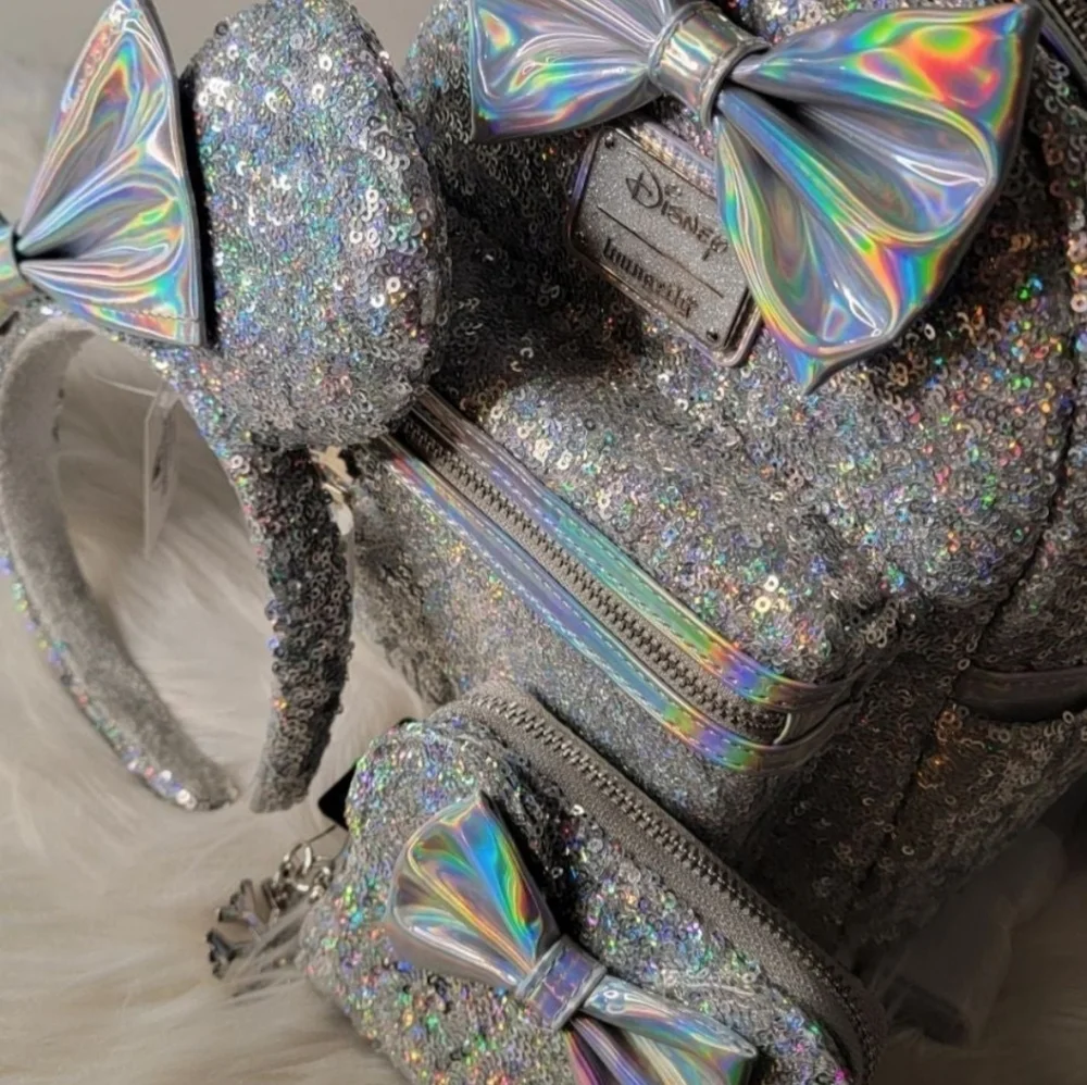 Set of 3!Silver Holographic Sequin Loungefly Backpack&Wallet&Ears